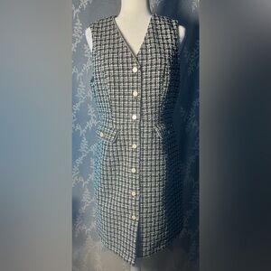 Allegra K Black White Tweed Button Front Sleeveless Dress Medium